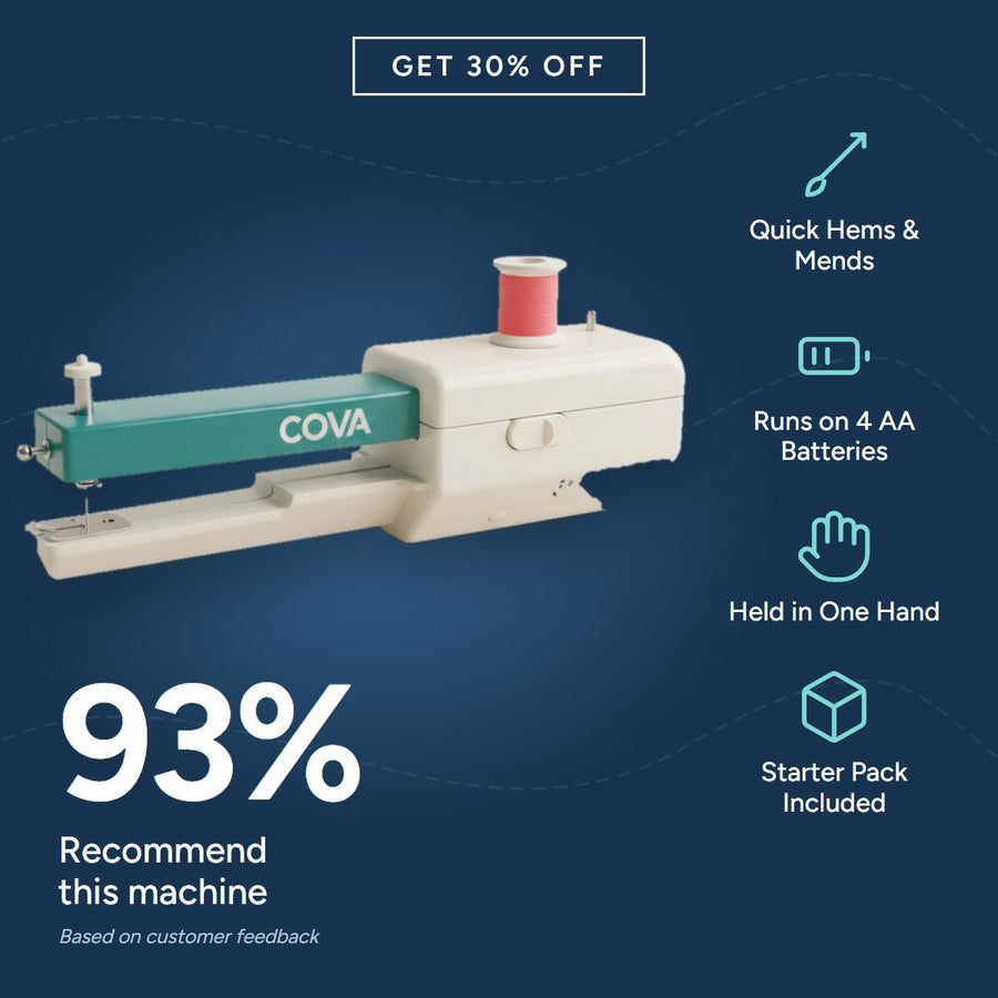 COVA Handheld Mini Sewing Machine with the benefits listed