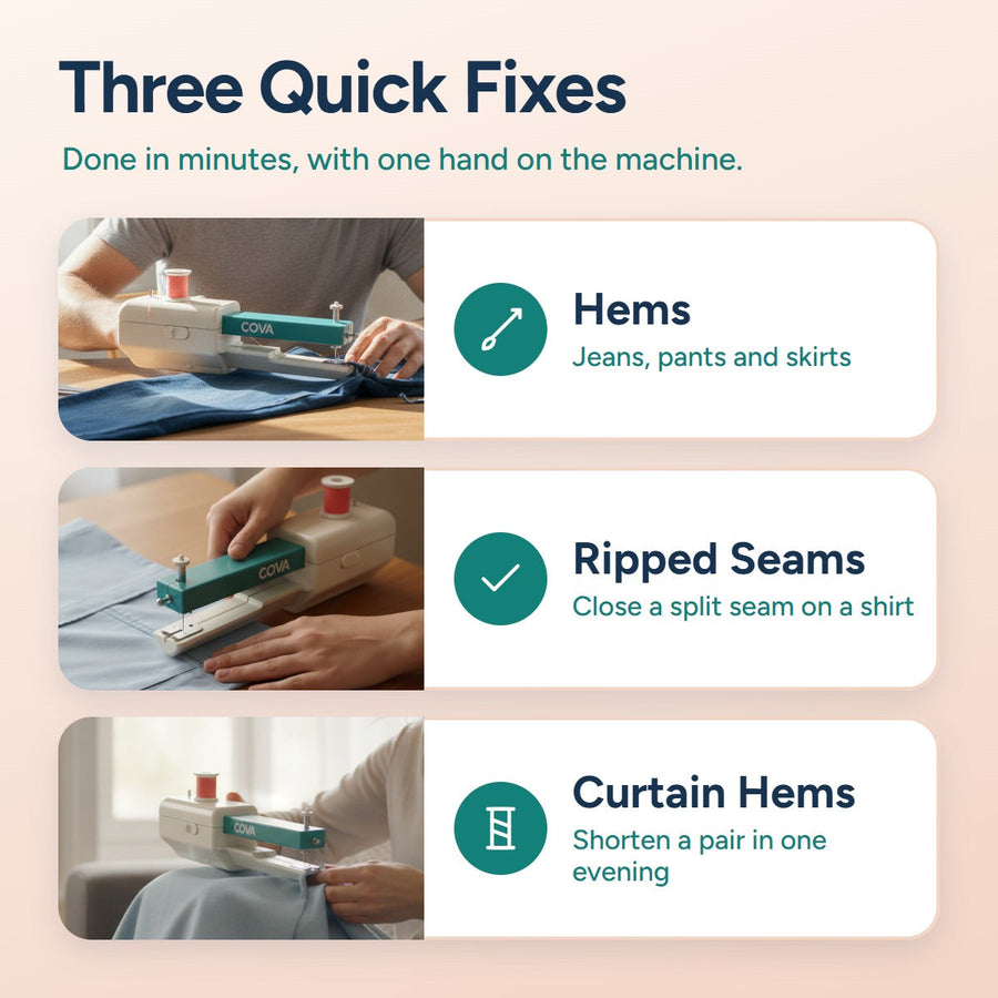 Three quick fixes with the handheld machine: hems, ripped seams and curtain hems