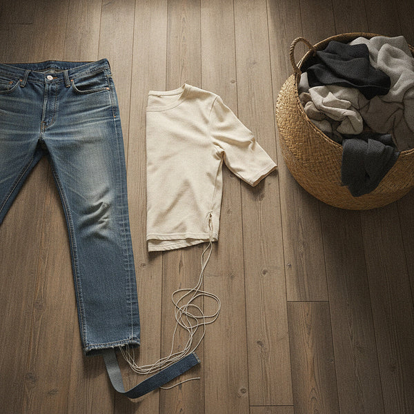 Jeans with a loose hem, a shirt with a split seam and a basket of clothes waiting to be mended