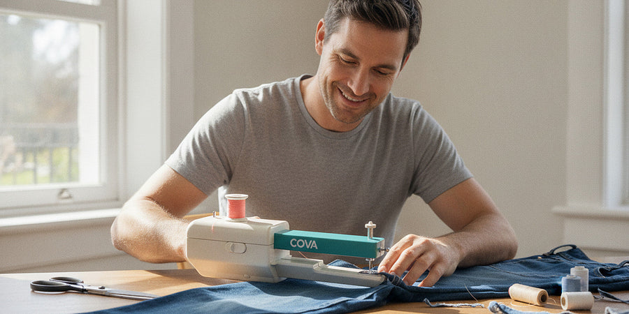 A man hemming a pair of jeans at a kitchen table with the handheld machine