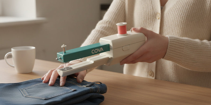 A hand holding the COVA handheld machine above a kitchen table, with a pair of jeans on the table