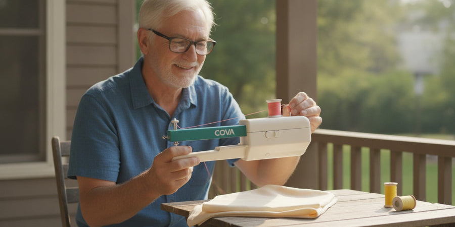 A man threading the handheld machine on a sunny porch
