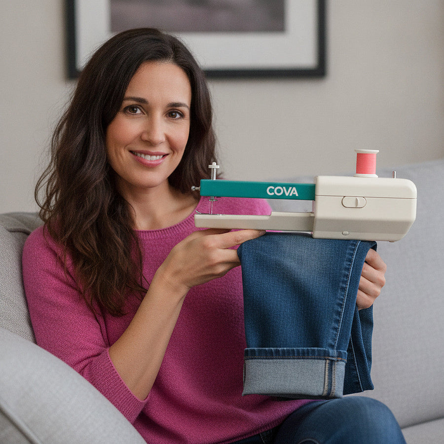 A woman on a sofa holding a pair of jeans with a new hem and the COVA handheld machine in her other hand