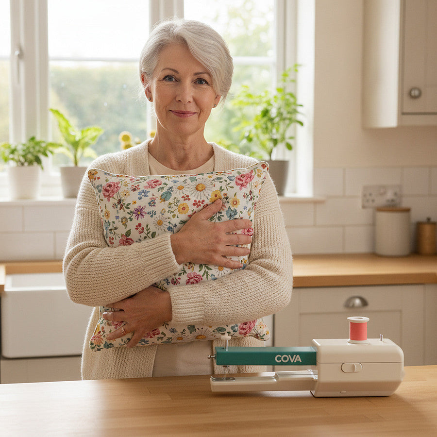 A woman in a cream cardigan holding a floral cushion cover she made, the COVA handheld machine beside her