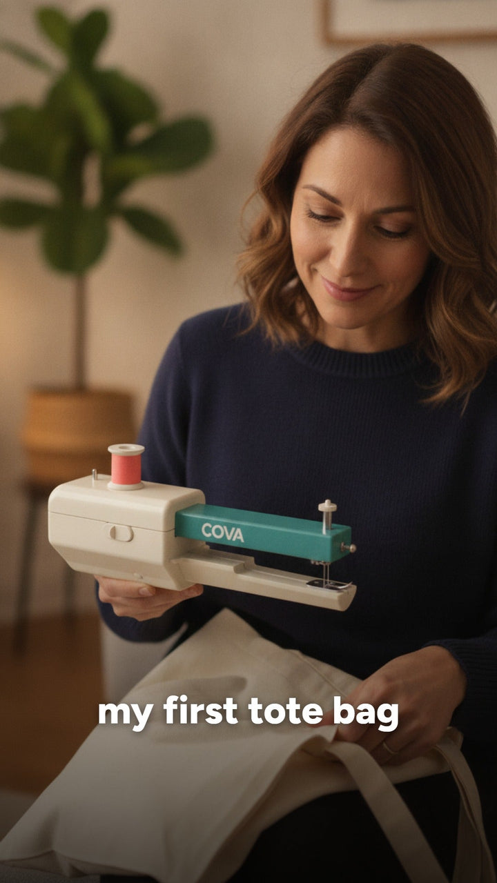 A woman on a sofa smiling down at the COVA handheld sewing machine in her hand, with a canvas tote bag on her lap