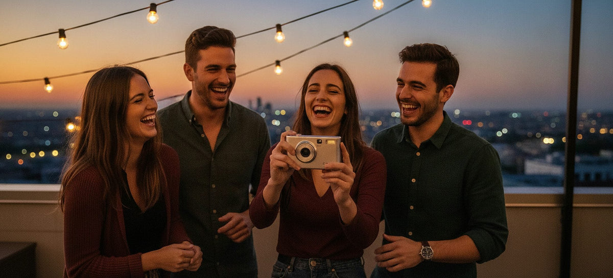 Four friends laughing on a rooftop at dusk, one holding the COVA camera