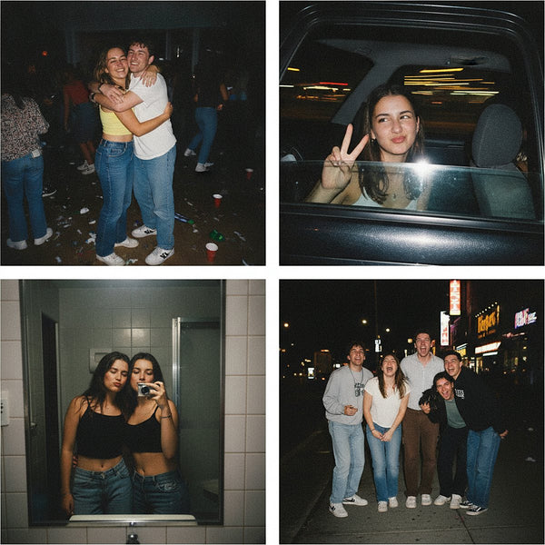 Four flash snapshots of friends at night