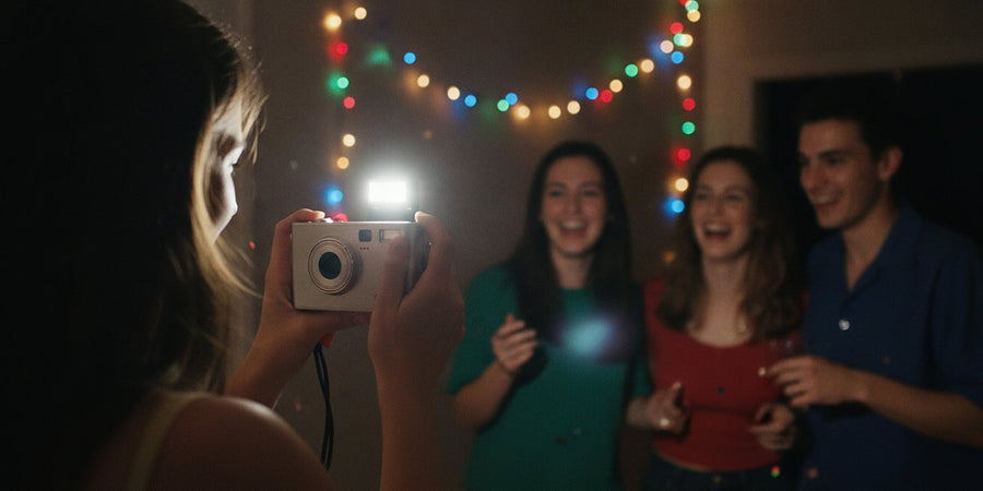 A woman taking a flash mirror selfie with the COVA camera