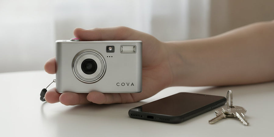 A hand holding the COVA camera next to a phone and keys to show its size