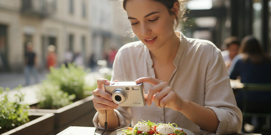 A woman framing a photo on the COVA camera's screen