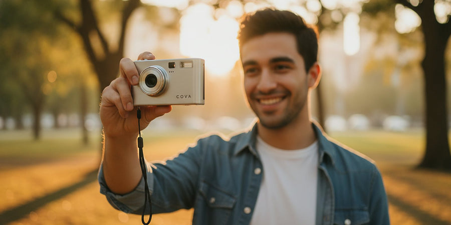 Four friends laughing on a rooftop at dusk, one holding the COVA camera