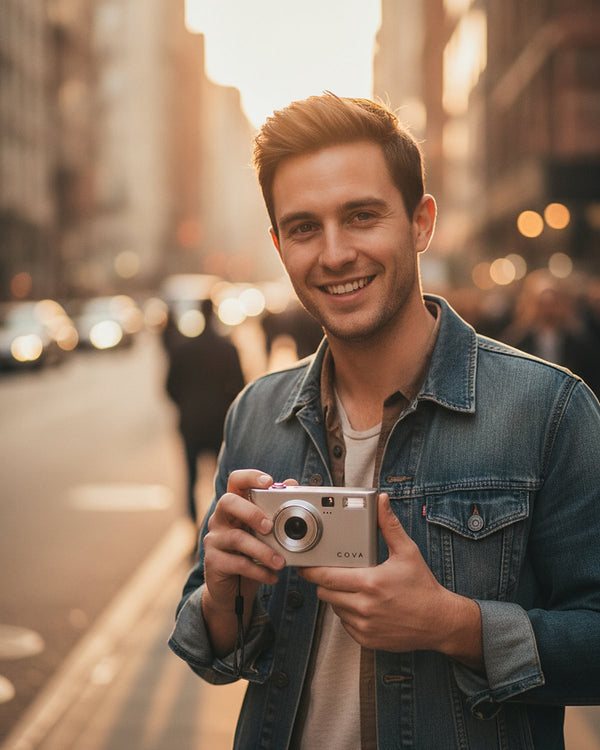 A smiling man holding the COVA camera on a city street