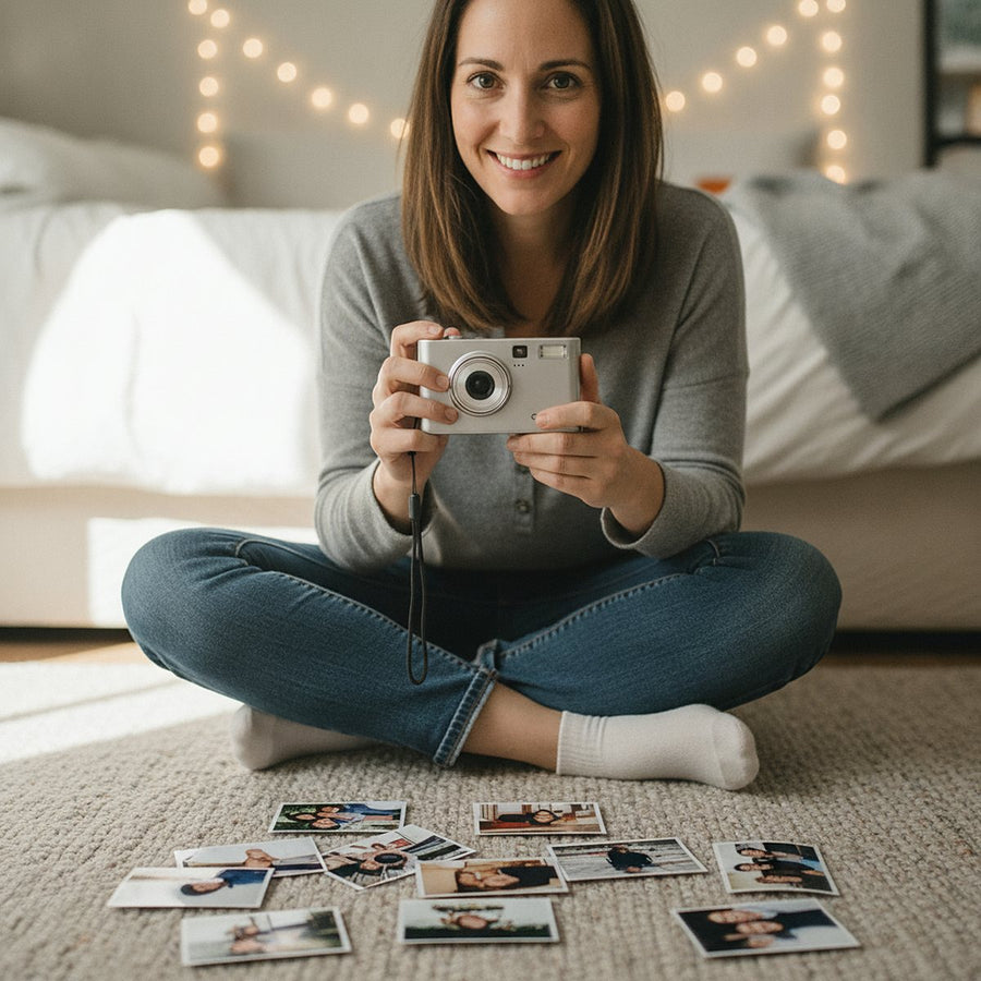 A woman on her bedroom floor holding the COVA camera, printed photos on the rug