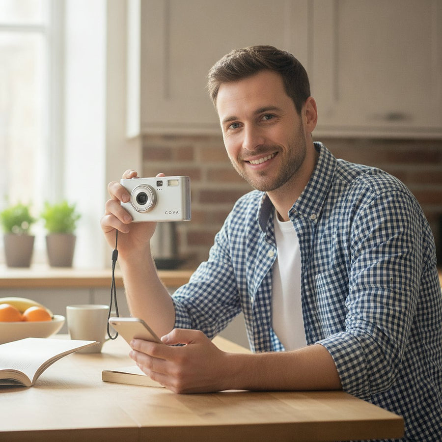 A man at his kitchen table holding the COVA camera and his phone