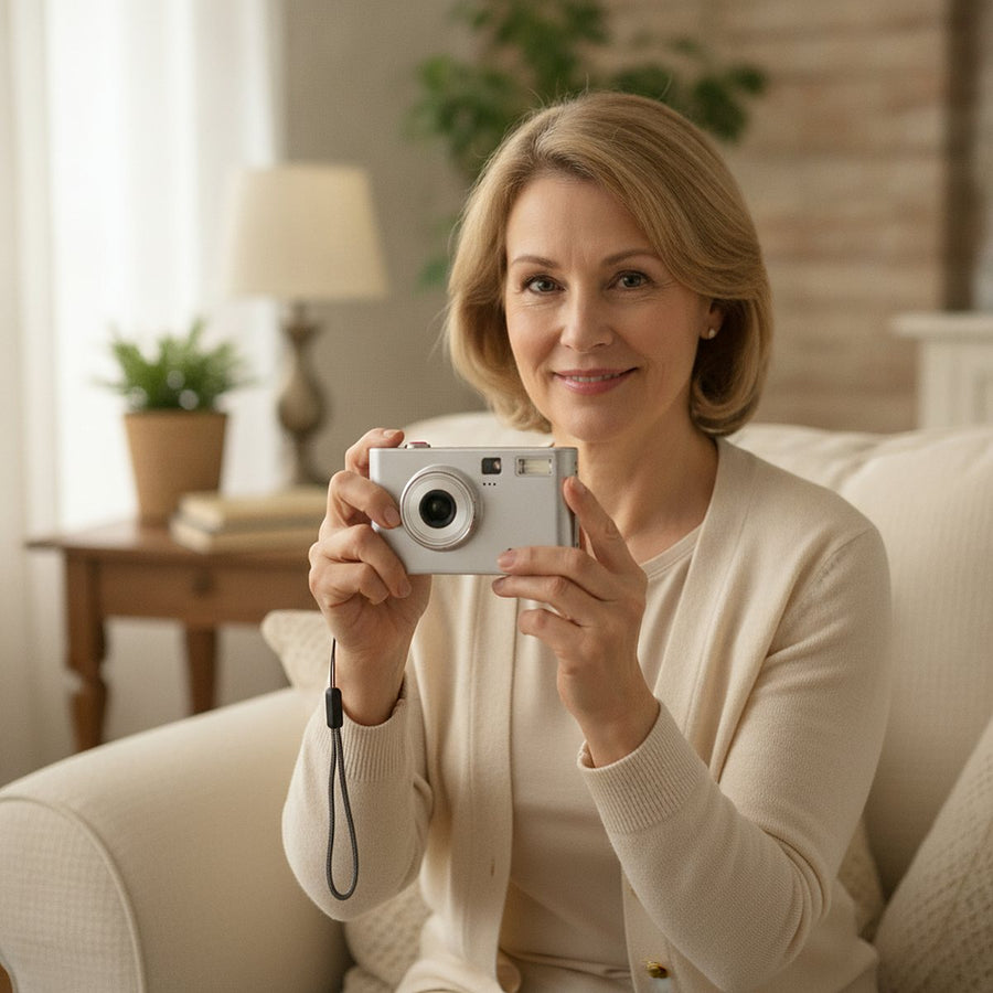 A woman on a sofa at home holding the COVA camera