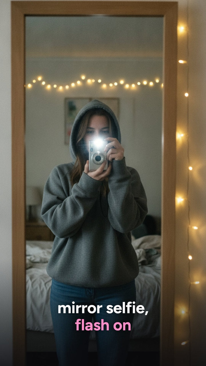 A customer taking a mirror selfie with the COVA camera and its flash
