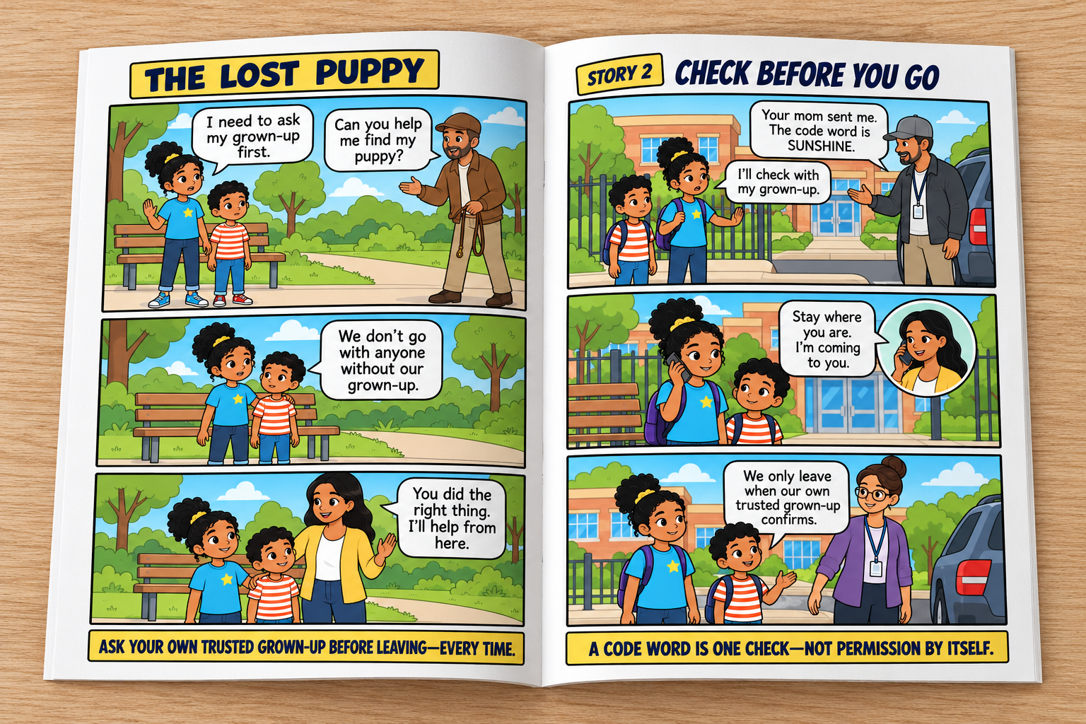 Two Spot the Trick comic pages open on a table