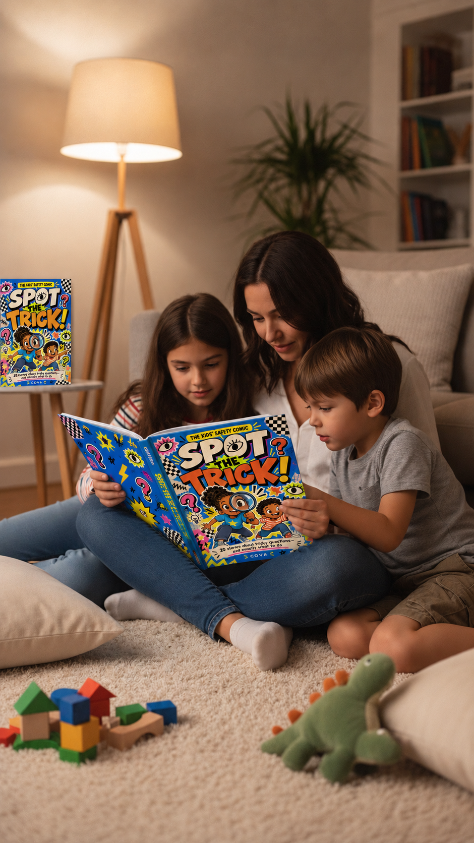 A mom reading Spot the Trick with her two kids on a living room rug