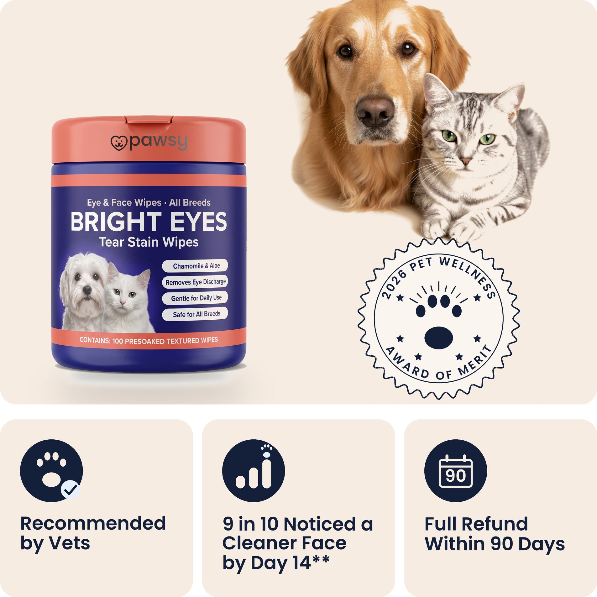 Pawsy Bright Eyes tear stain wipes with a dog and a cat, recommended by vets, with a full refund within 90 days