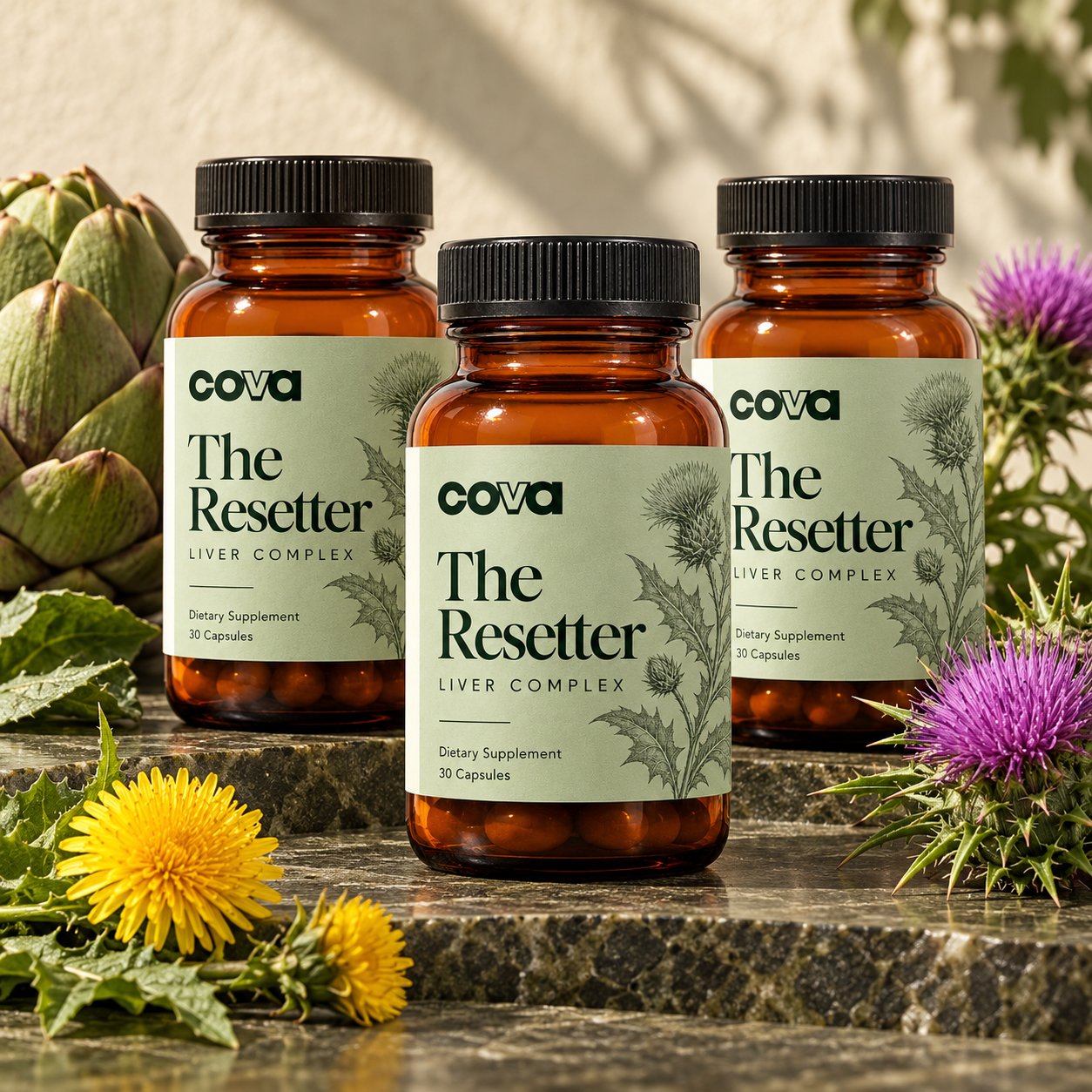 Three Sage Botanical Resetter bottles with botanicals