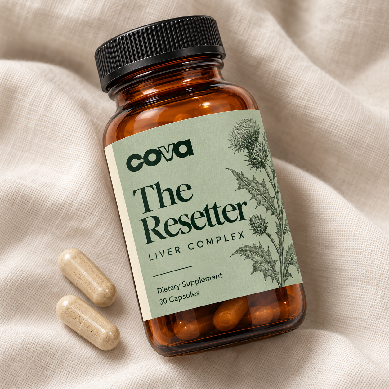 The Resetter bottle and capsules on ivory linen
